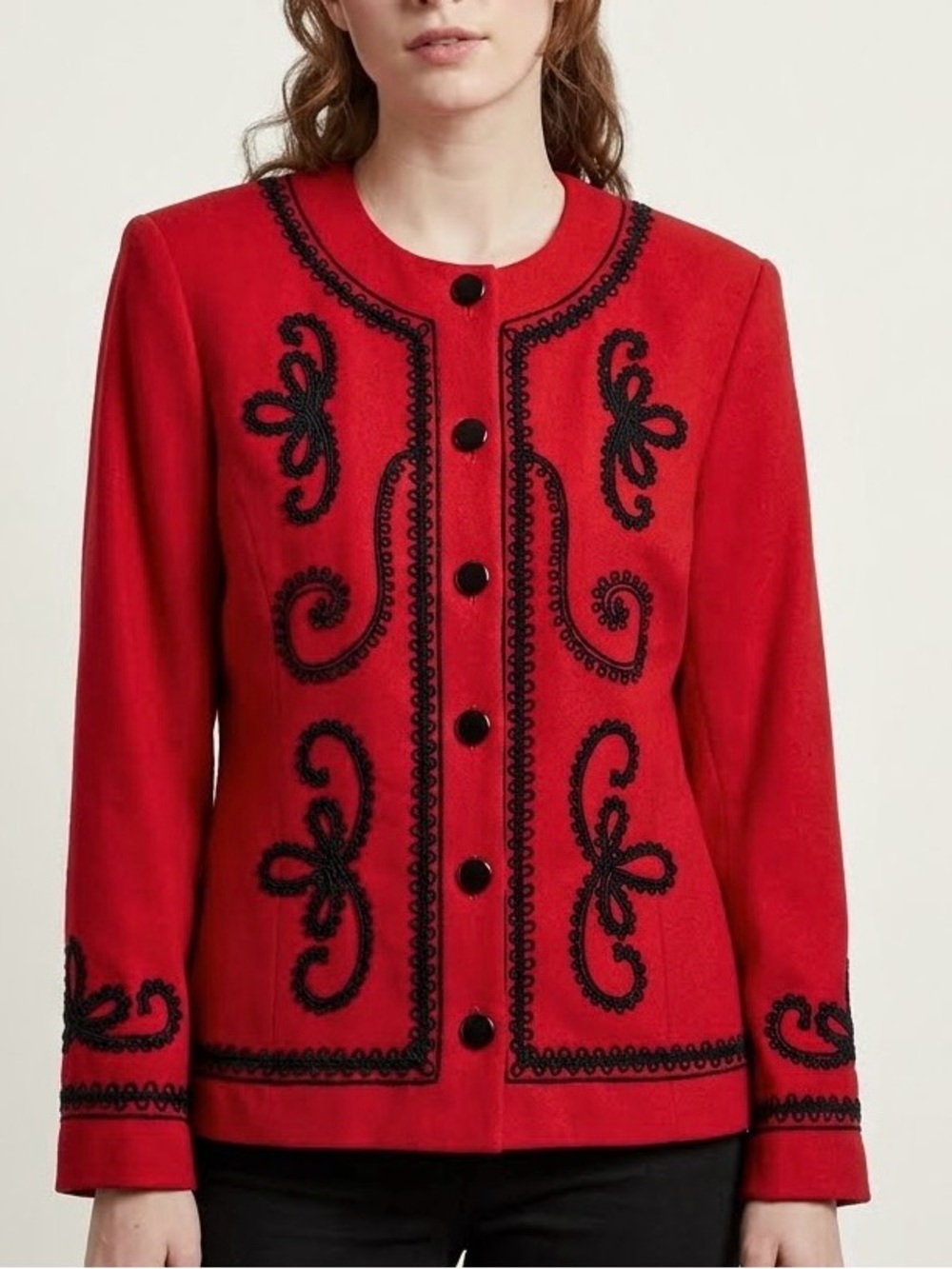 Jenna Vintage 90s Red Wool Blazer Jacket Black Soutache Embroidered Size 12